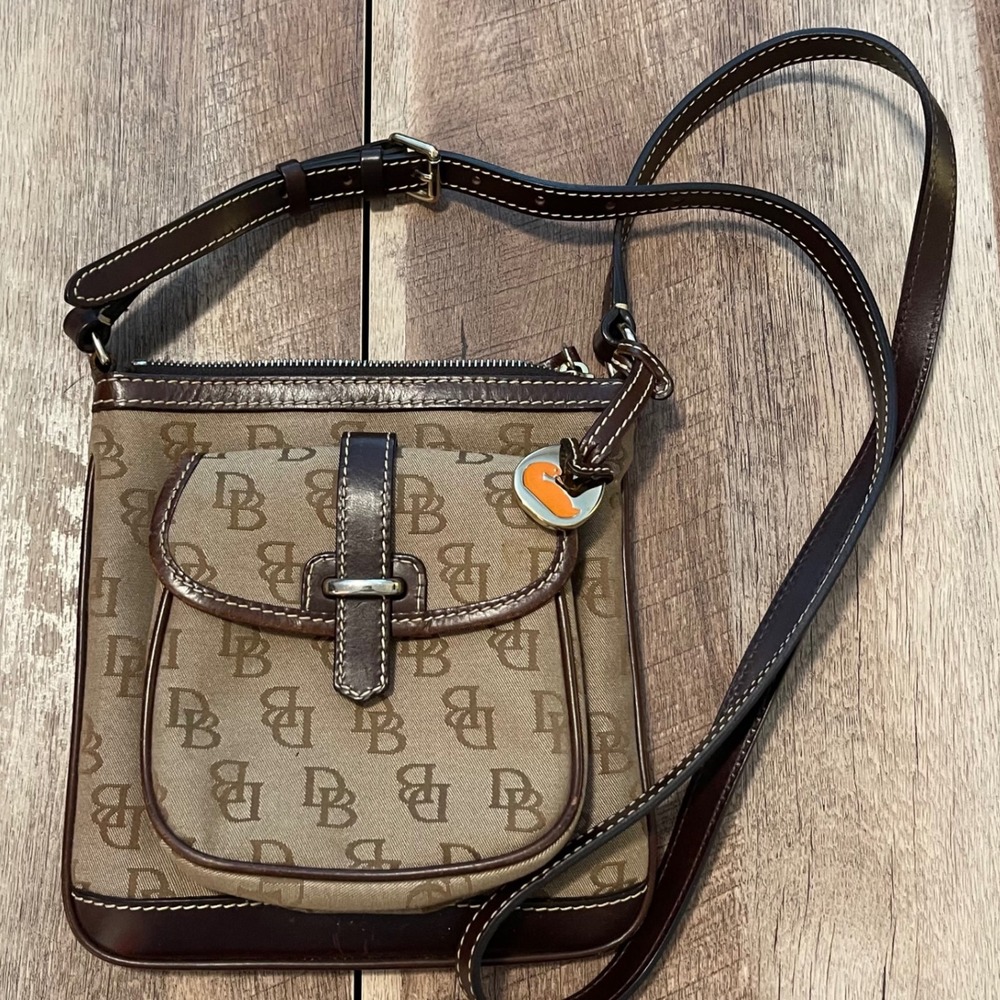 Dooney &‎ Bourke DB Logo Crossbody Bag Brown Coated Canvas Small Purse